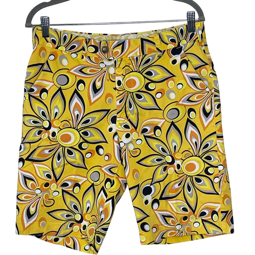 Loudmouth Golf Mens 32 Yellow Psychedelic Floral Print Cotton Stretch Shorts